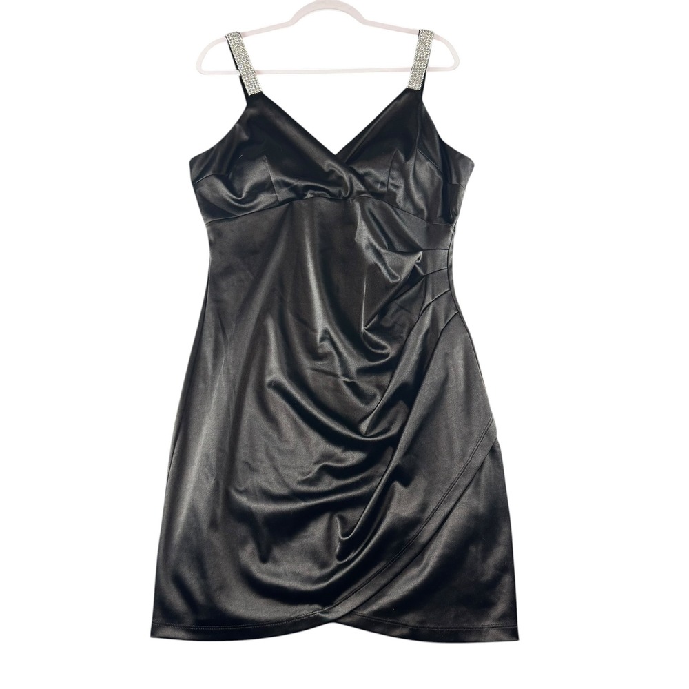 BCX Dress Black Satin Rhinestone Strap Ruched Tulip Hem Cocktail Dress 13